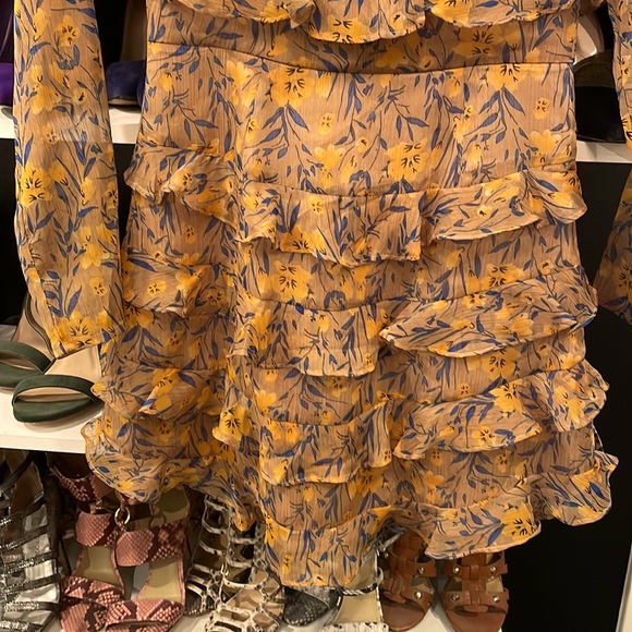 Sheer dress with ruffles. Yellow/mocha with blue/yellow flowers. Fully Lined. - Picture 3 of 5